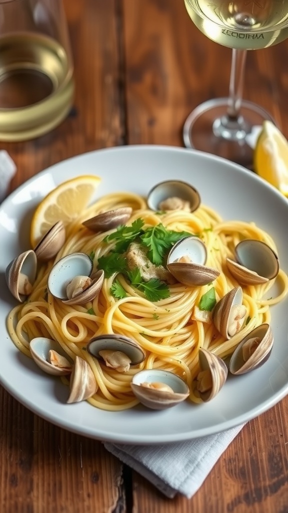 A plate of clam pasta with spaghetti, clams, garlic sauce, and parsley on a wooden table.